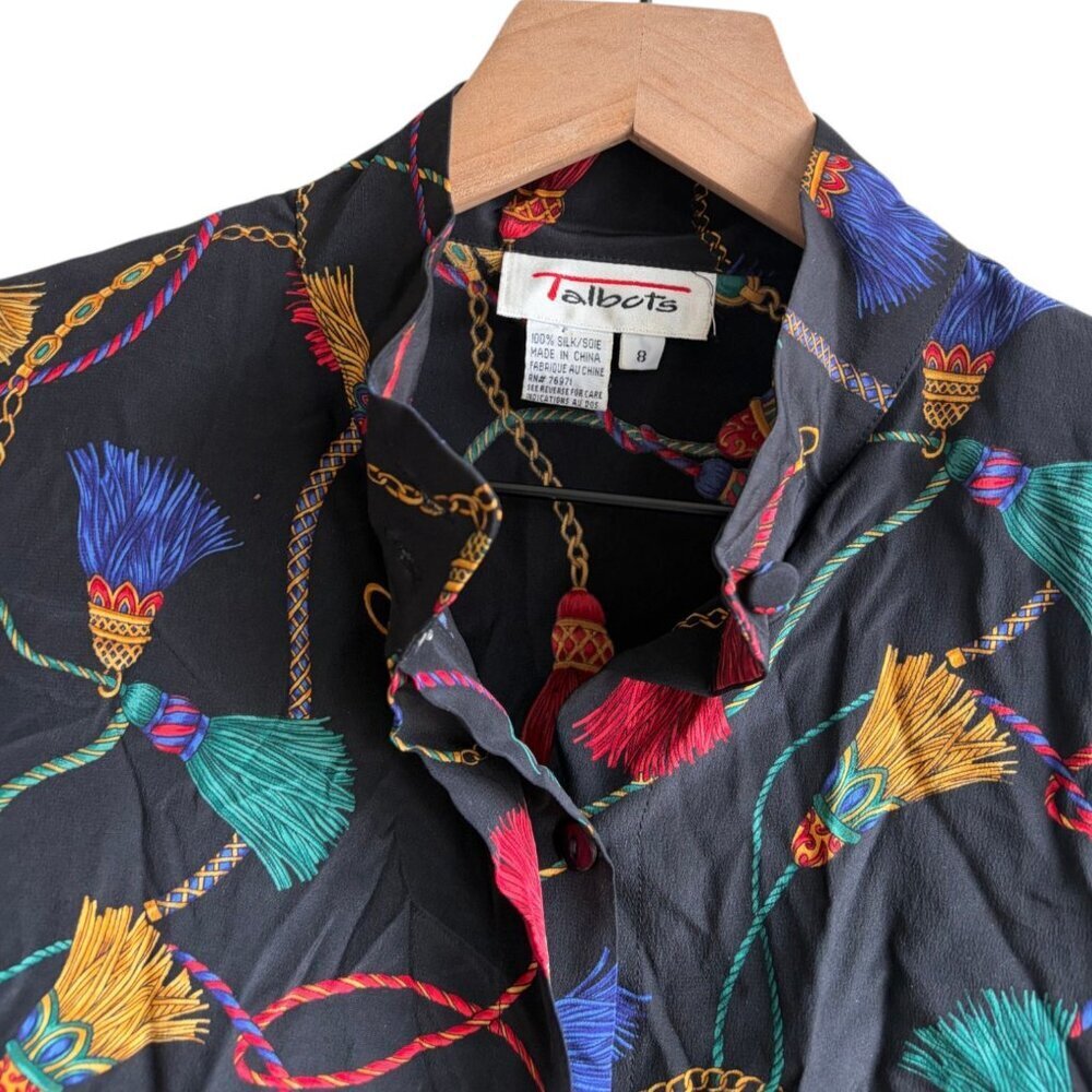 Vintage Talbots Silk Button Up Blouse Size 8 Vintage Shoulder Pads Placket - Picture 2 of 5